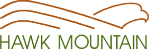 A minimalist mountain and hawk head in brown above the all-caps words Hawk Mountain in green, against a white background.