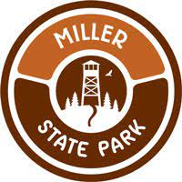A circular, brown logo with Miller State Park in white, and an observation tower in the center.