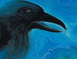 A corvid against a swirling blue background. 