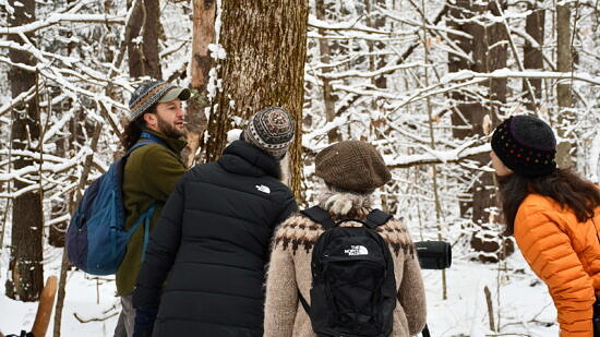 Phil explains something to three onlookers in a snowy forest. (photo © Audrey Dunn)