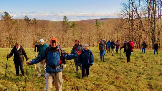 A group of hikers walk through a field at the forest's edge. (photo © Meade Cadot)