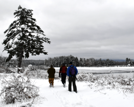 Three hikers walk in the snow near a frozen pond. (photo © Audrey Dunn)