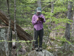 Wyatt Ferrando records data from atop a woodland boulder. (photo: Donta Selden)