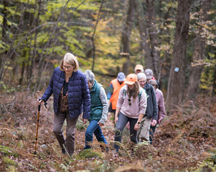 A group of hikers walk through the woods in a line. (photo © Ben Conant)