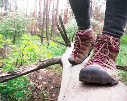 A closeup of two hiking boots walking across a downed tree. (photo © Canva Commons)
