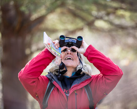 A woman in a red jacket looks up through binoculars. (photo © Martha Duffy)