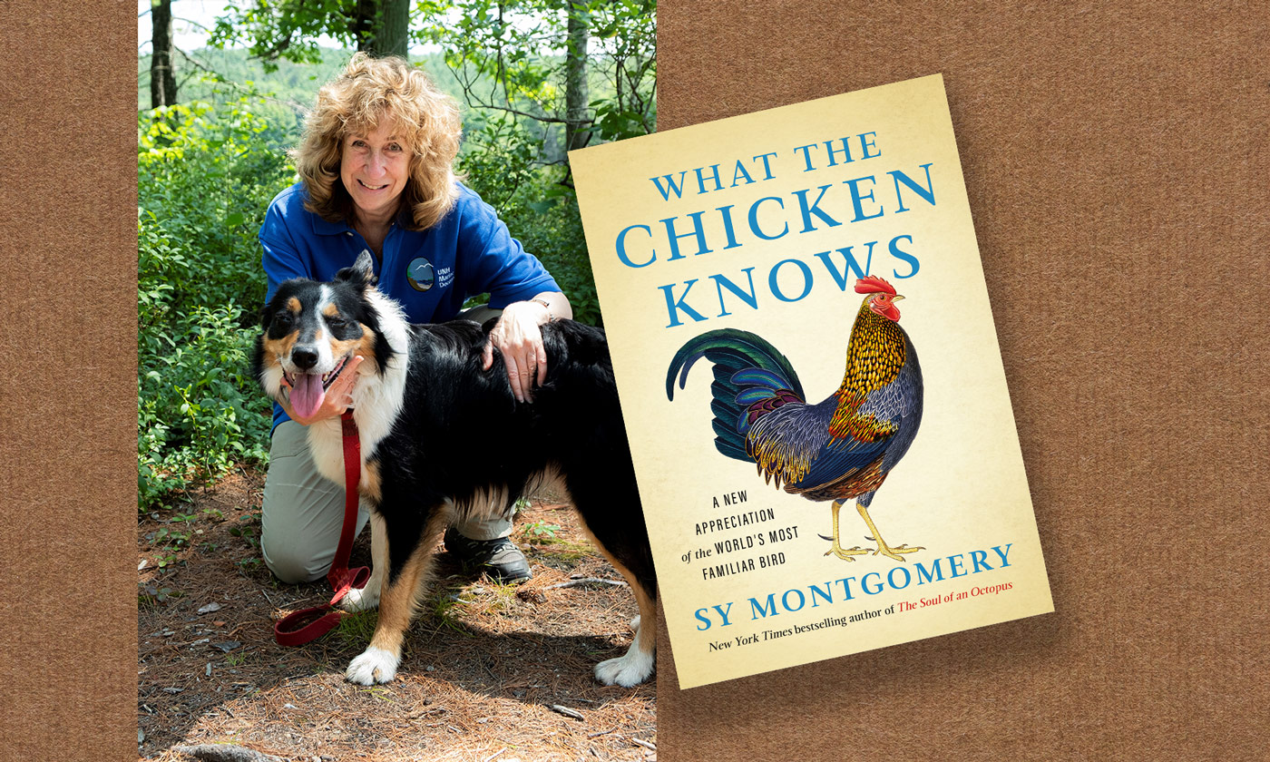 Sy Montgomery with her dog Thurber and the cover of her new book What the Chicken knows (Photo © Michael Sterling)